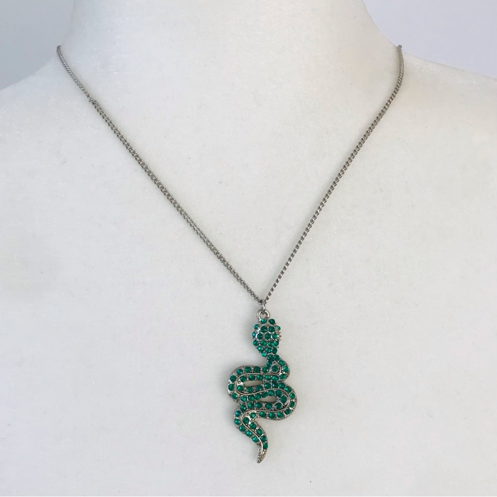 Snake Serpent Green Rhinestone Pendant Necklace 30”